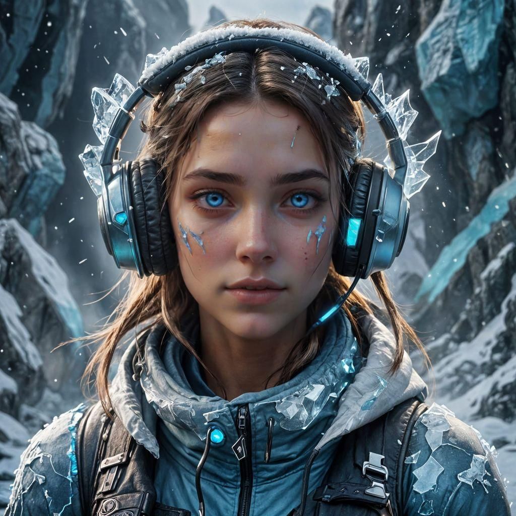 A girl with eyes of the bluest ice wearing headphones.