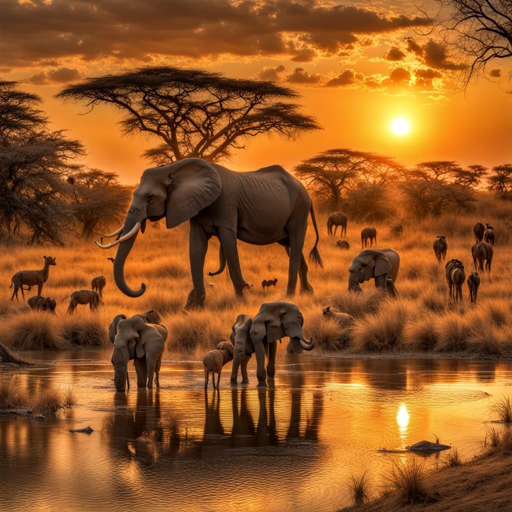 Sunset On A Watering Hole In The African Savannah, Trees, Animals 