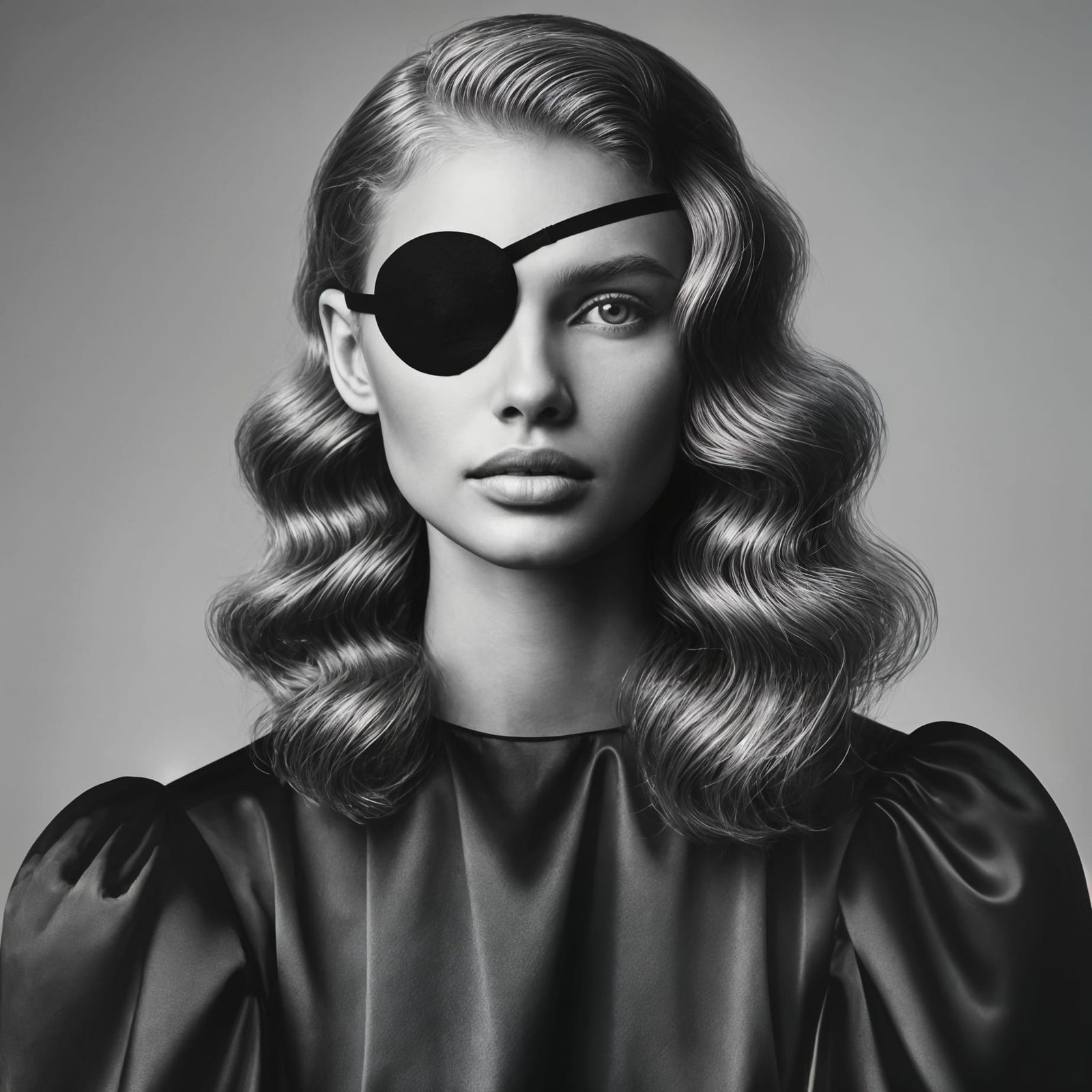 Black and white photo portrait of a serious looking woman with eyepatch