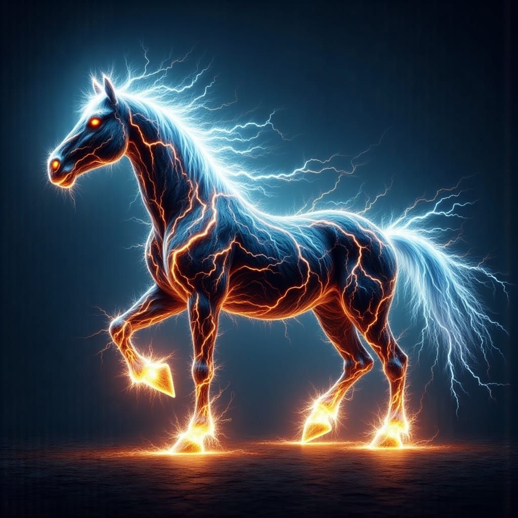An electric spirit in the shape of a horse made entirely of electricity, <lora:Voltus Flux:1.0> sparks