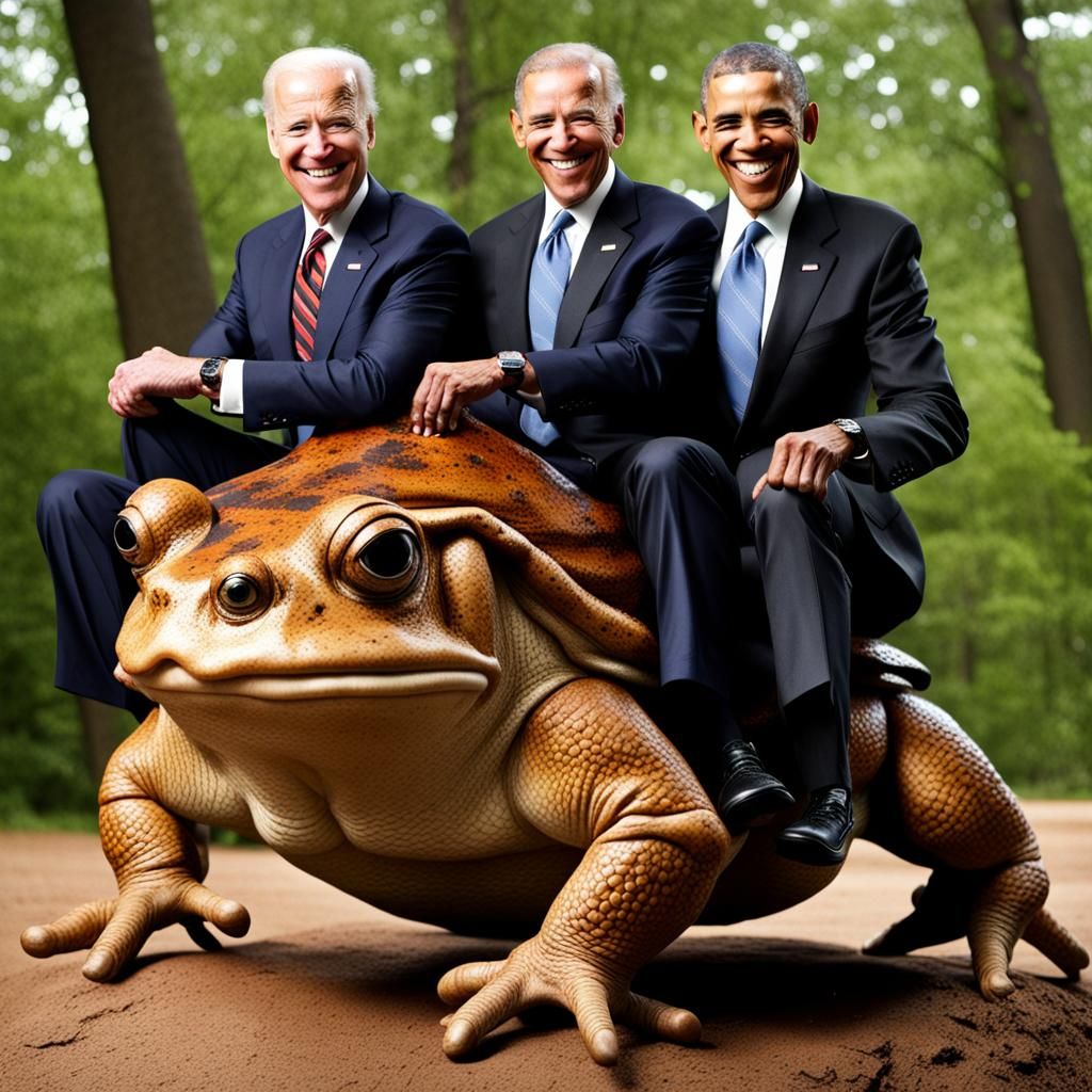 Joe Biden, and Barack Obama riding a 2-headed giant toads