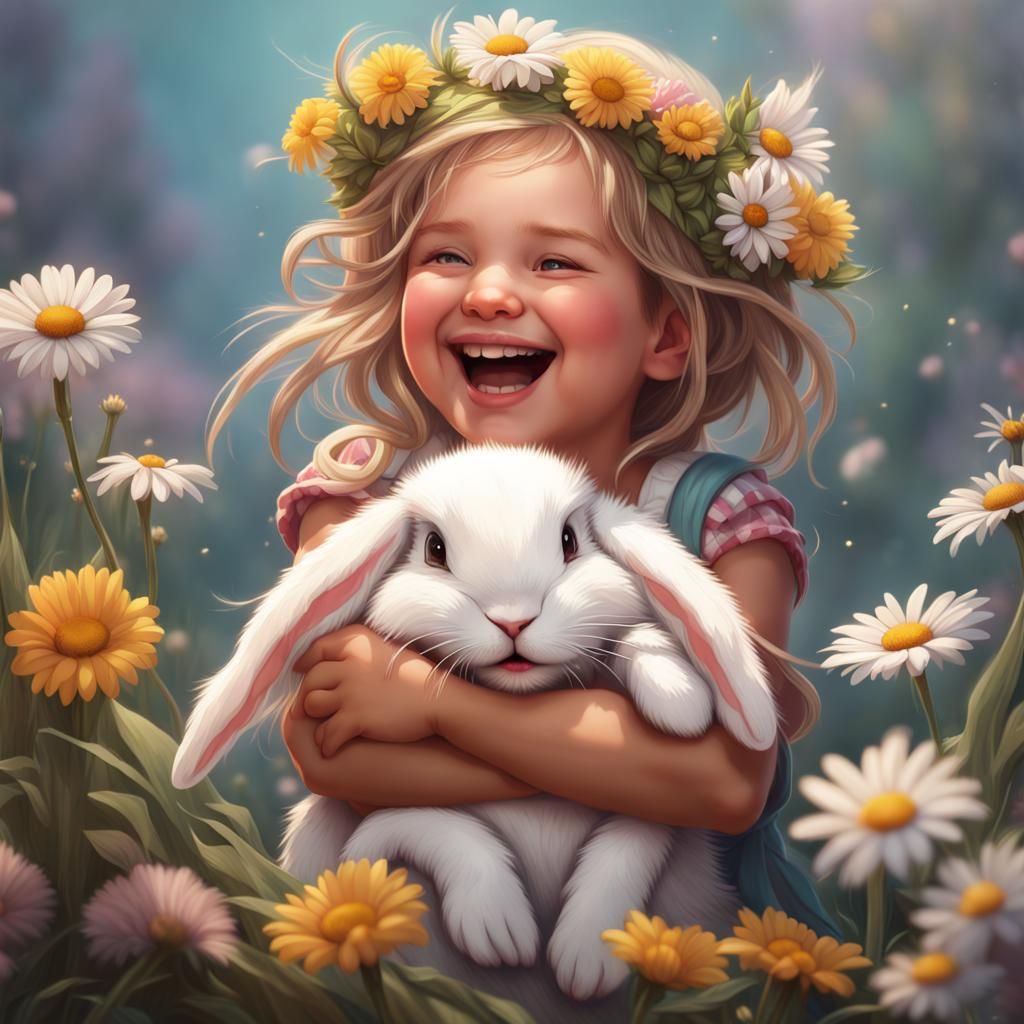Toddler laughing and holding out her pet bunny with daisy flowers in her hair  by @Sparkfire
