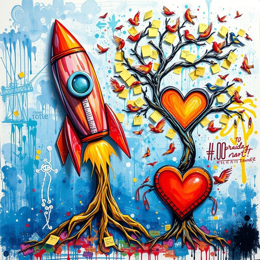 bright colors, friendly, painted style, performance represented as a rocket made of pens, paper clips, ...  by @esmirquinn
