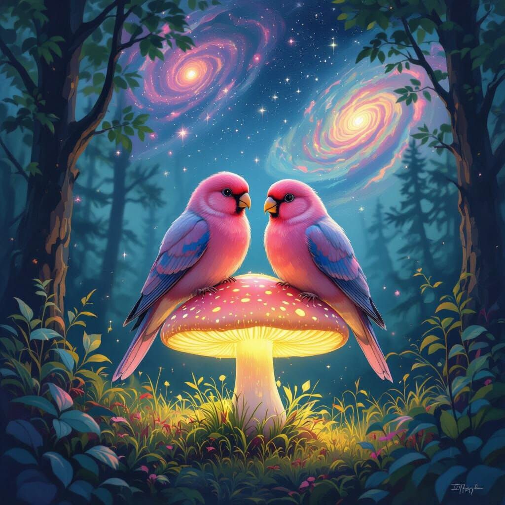 A pair of pink lovebirds perched on a bioluminescent mushroom in an enchanted forest. The scene is bathed in the soft glow of starlight filt...