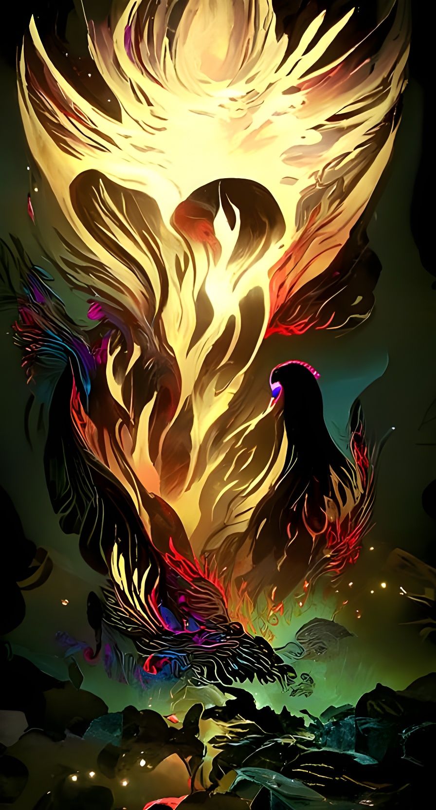 Beautiful epic night fire landscape, art by Dan Mumford, Cyr...