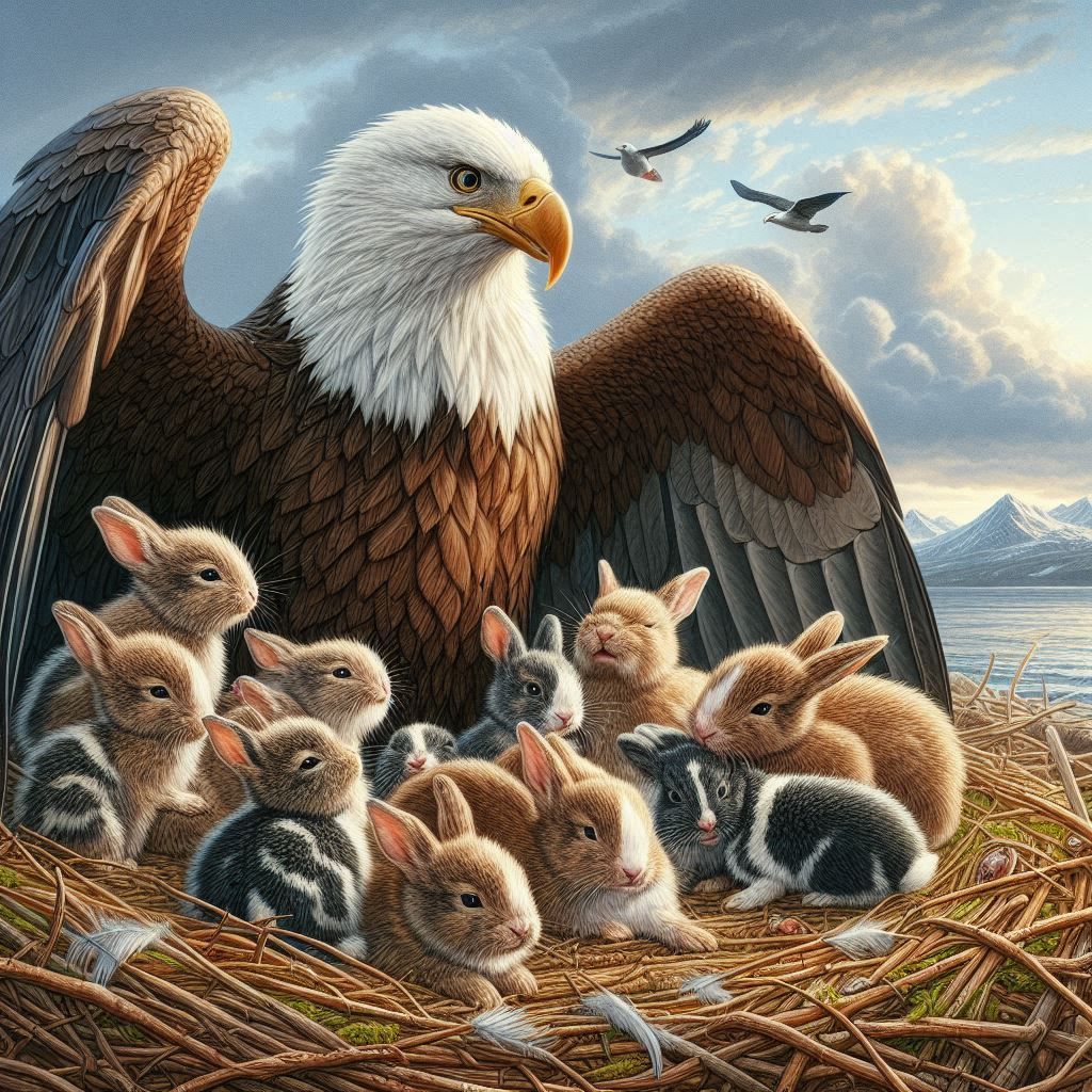 eagle nest with rabbits as sons, the eagle is feeding them t...