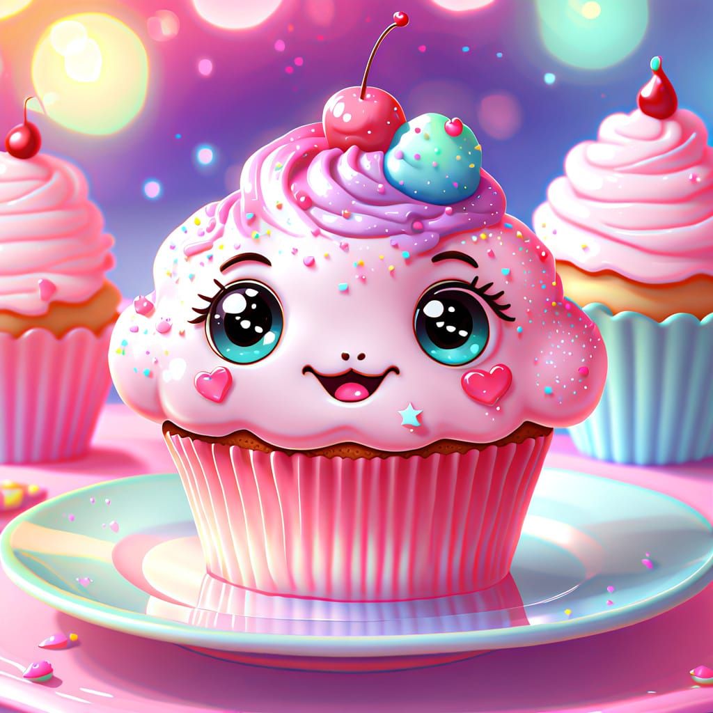 A happy little cupcake with a blushing Kawaii art face    by @HereditaryWarlord