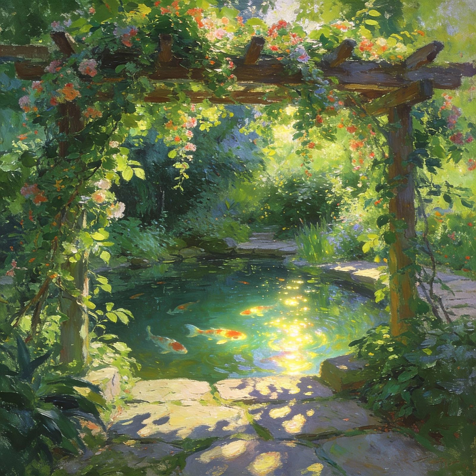 un jardin frondoso con pergola y estanque de peces #2  by @Enjoyinglife