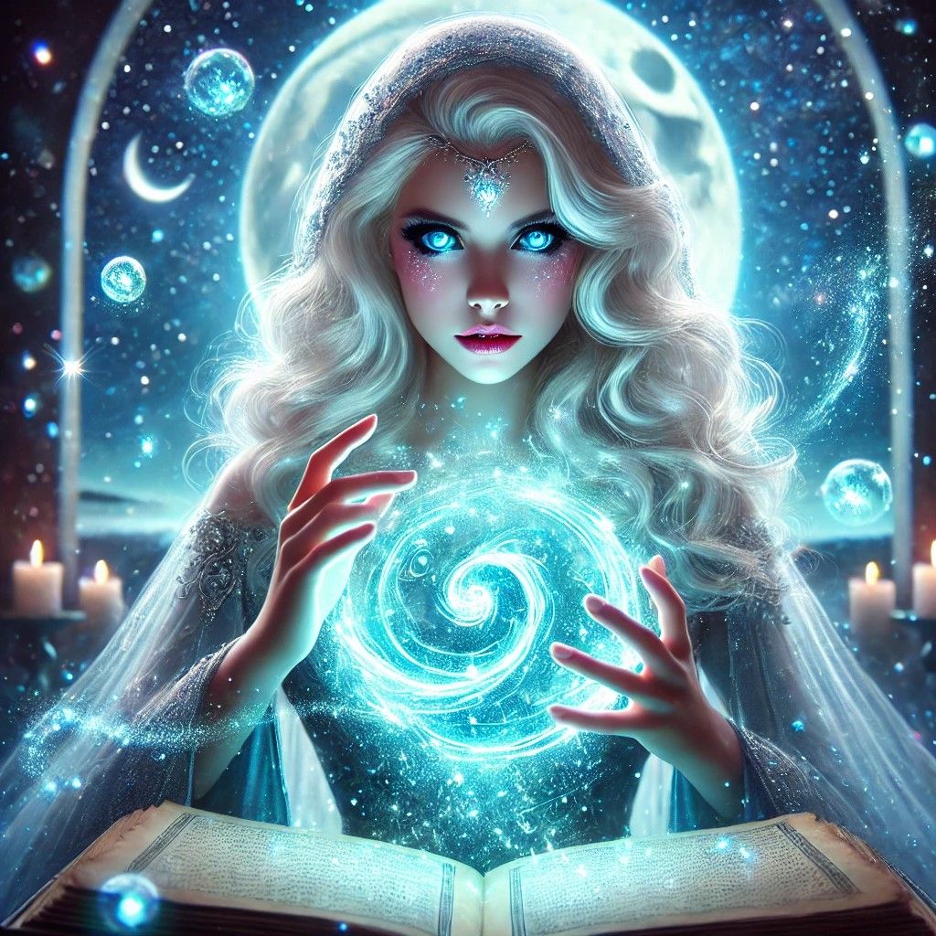 a magical and ethereal scene featuring a mystical woman with long, flowing white hair and glowing blue eyes. She is wearing an elegant, shim...