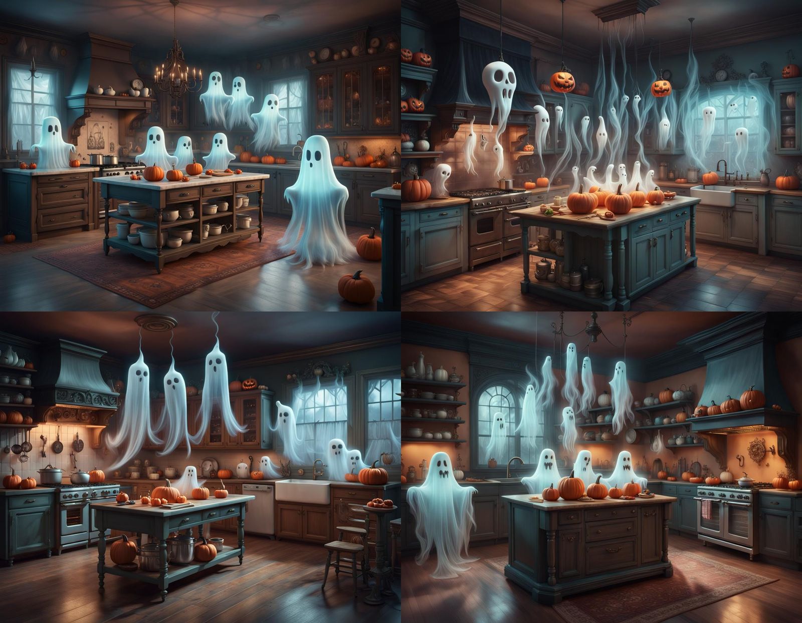 Spooky Kitchen transparent wispy ghosts preparing for a Halloween party ...