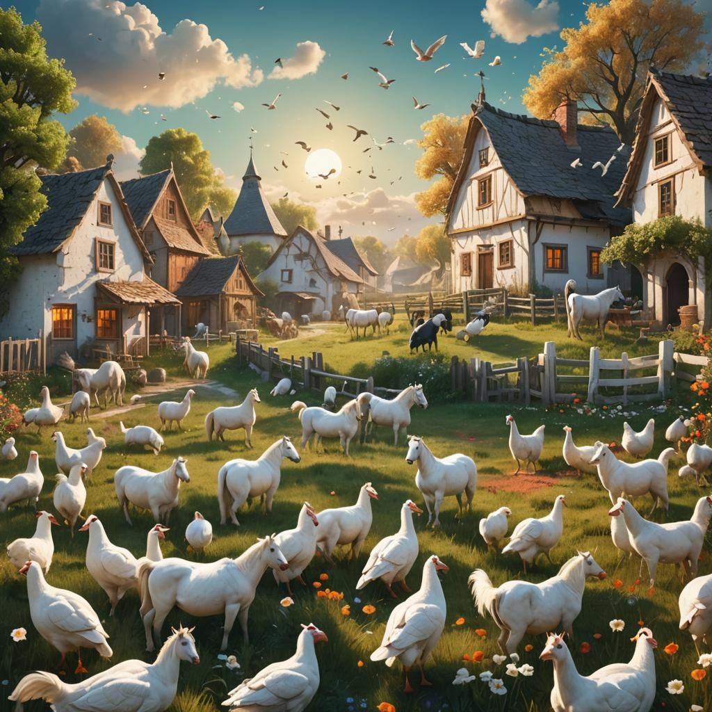 Idyllic Village Scene with White Horses: Fantasy Matte Paint...