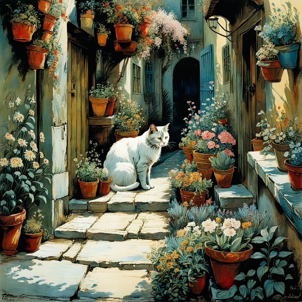 Mediterranean alley with lots of flower pots and a sleeping ...