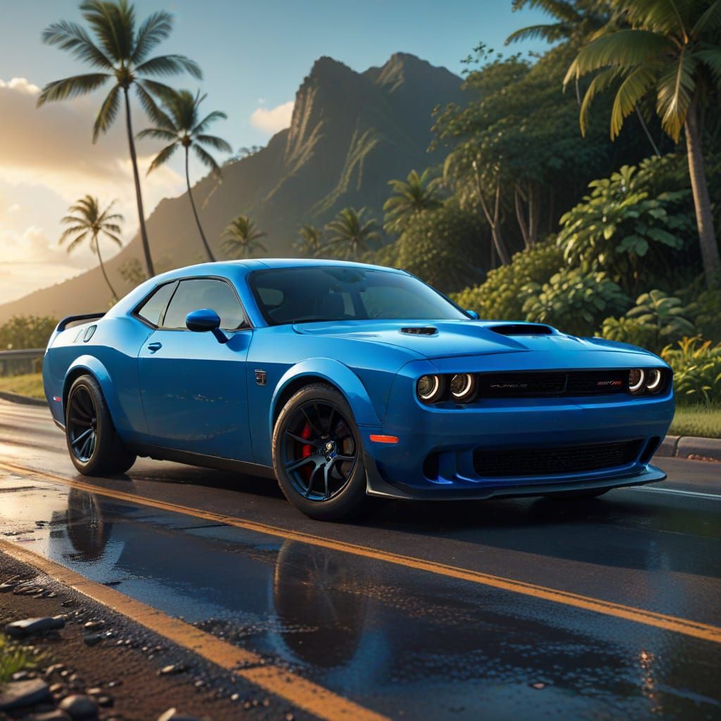 A 2023 Blue Dodge Challenger hellcat parked on a roadside in Hawaii 
