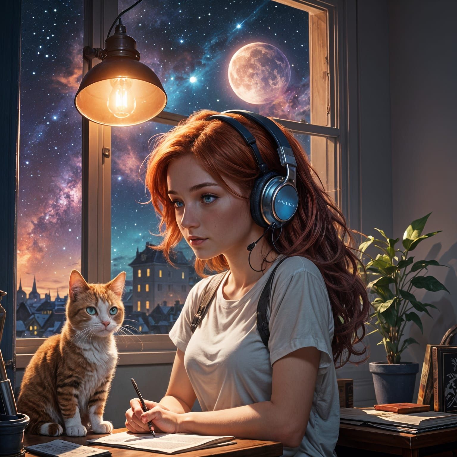 Lofi girl writing and studying on the table under a study lamp wearing headphone beside a sidewise window at night, comet in the blue purple...