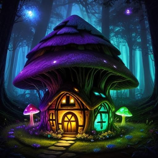 A fairy mushroom house in an enchanted bioluminescent forest...