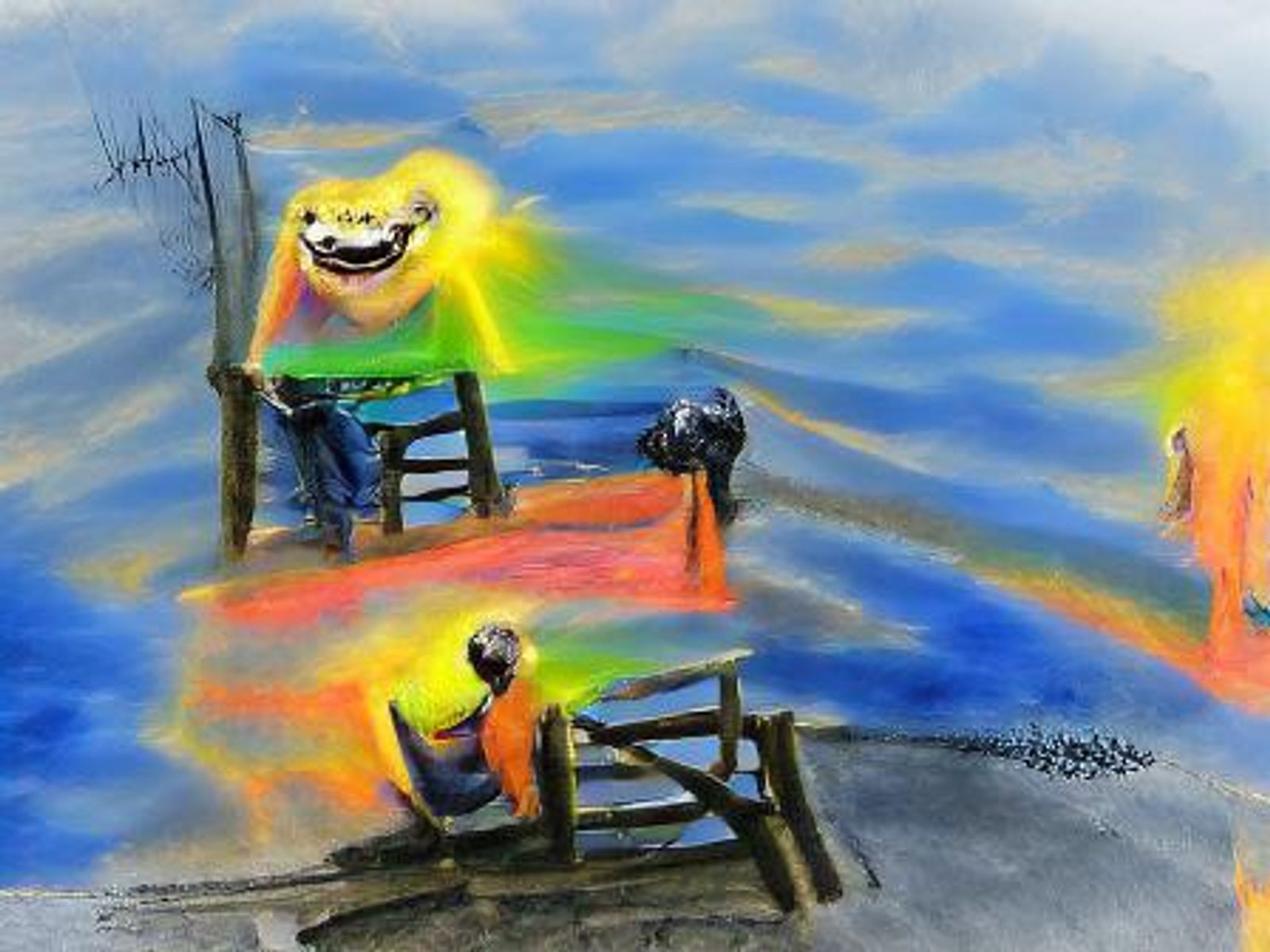 two guys laughing on the dock charcoal drawing colourful sunshine rays