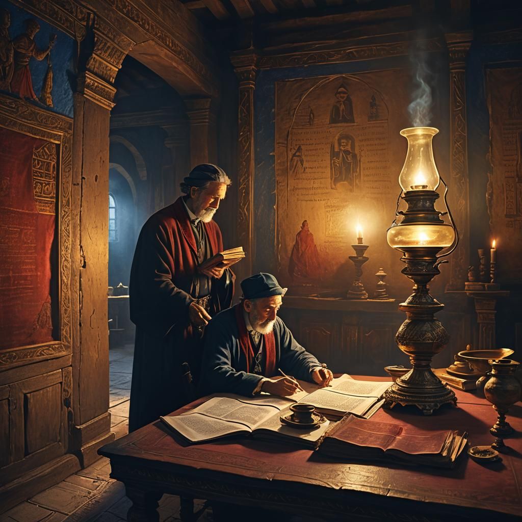 Father and Son Study Torah, Rembrandt-inspired