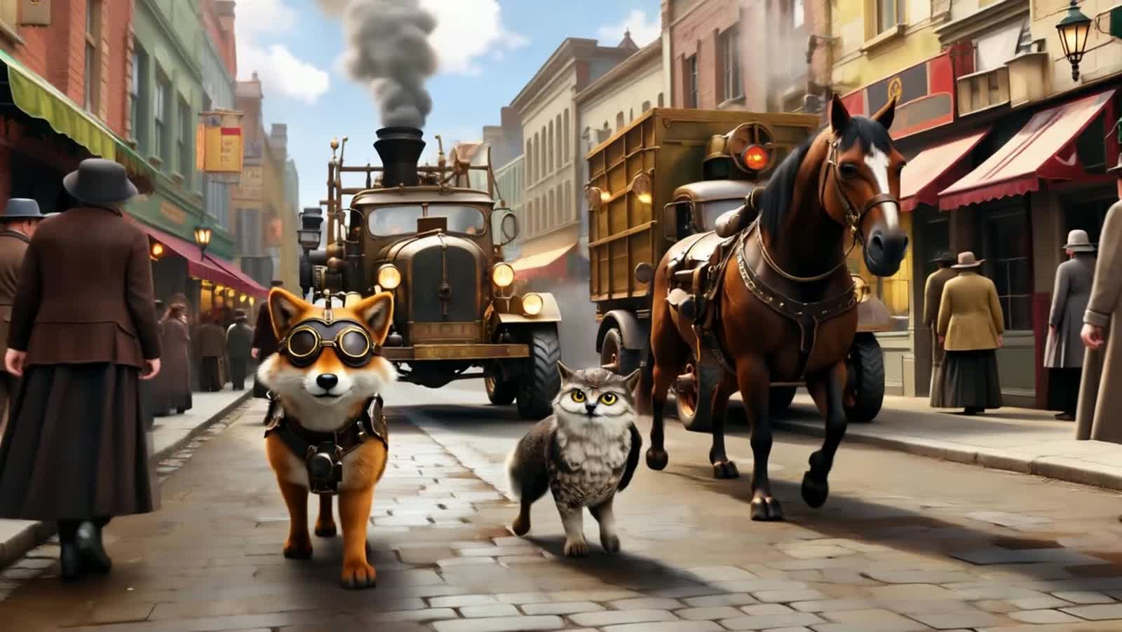 A detailed steampunk world scene at street level, filled with brass machinery, gears, steam vents and Victorian-industri...