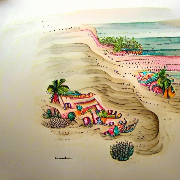 Detailed colored ink on paper, illustration of a lush Mexican beach