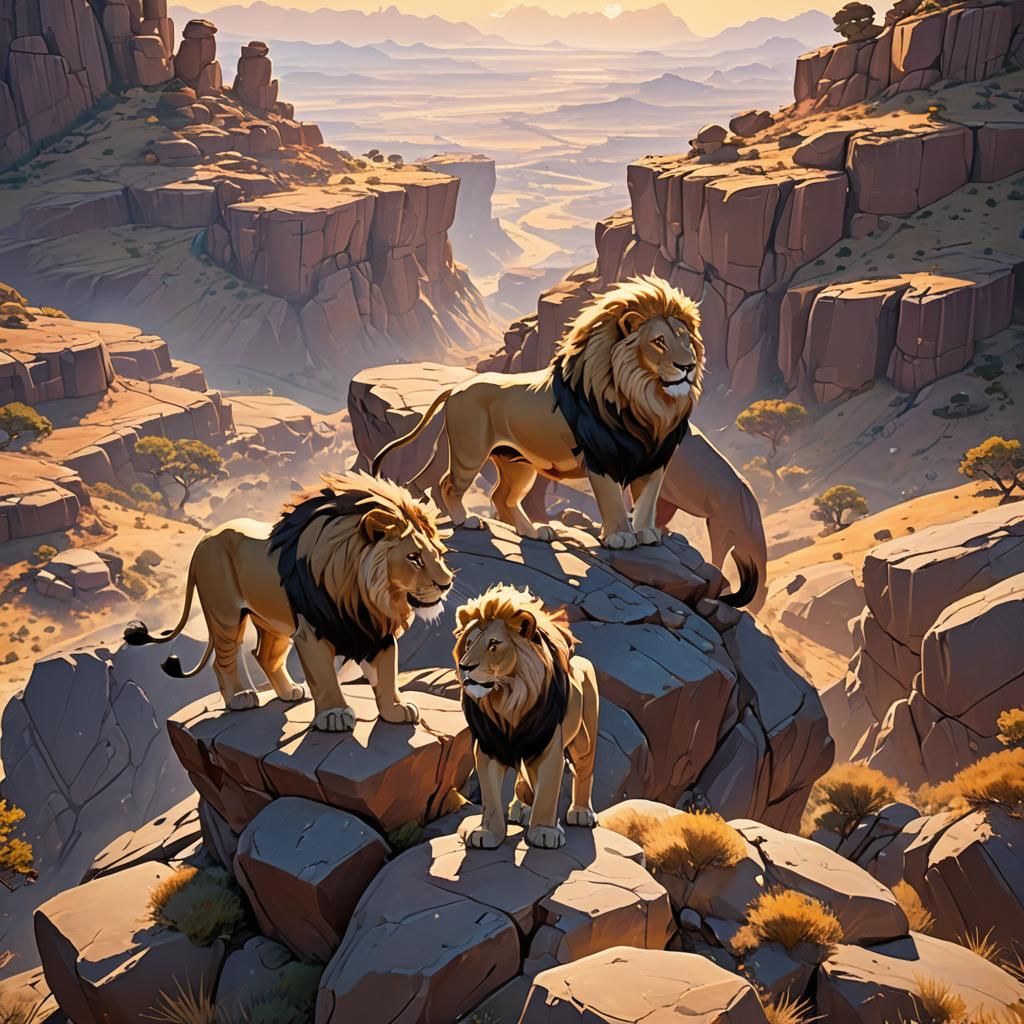 Lions Overlooking Desert in 3D Anime Style