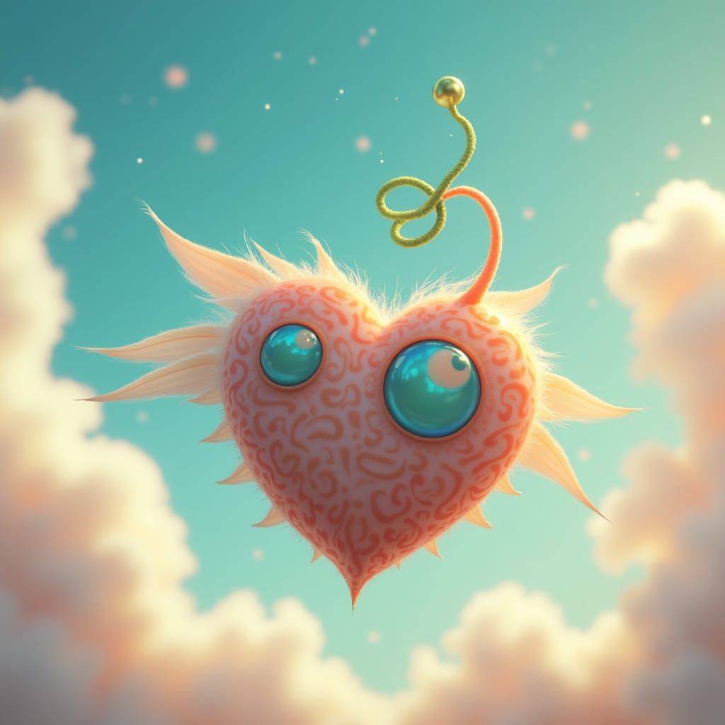 Whimsical Heart-Shaped Creature Soars in a Vibrant Gradient....