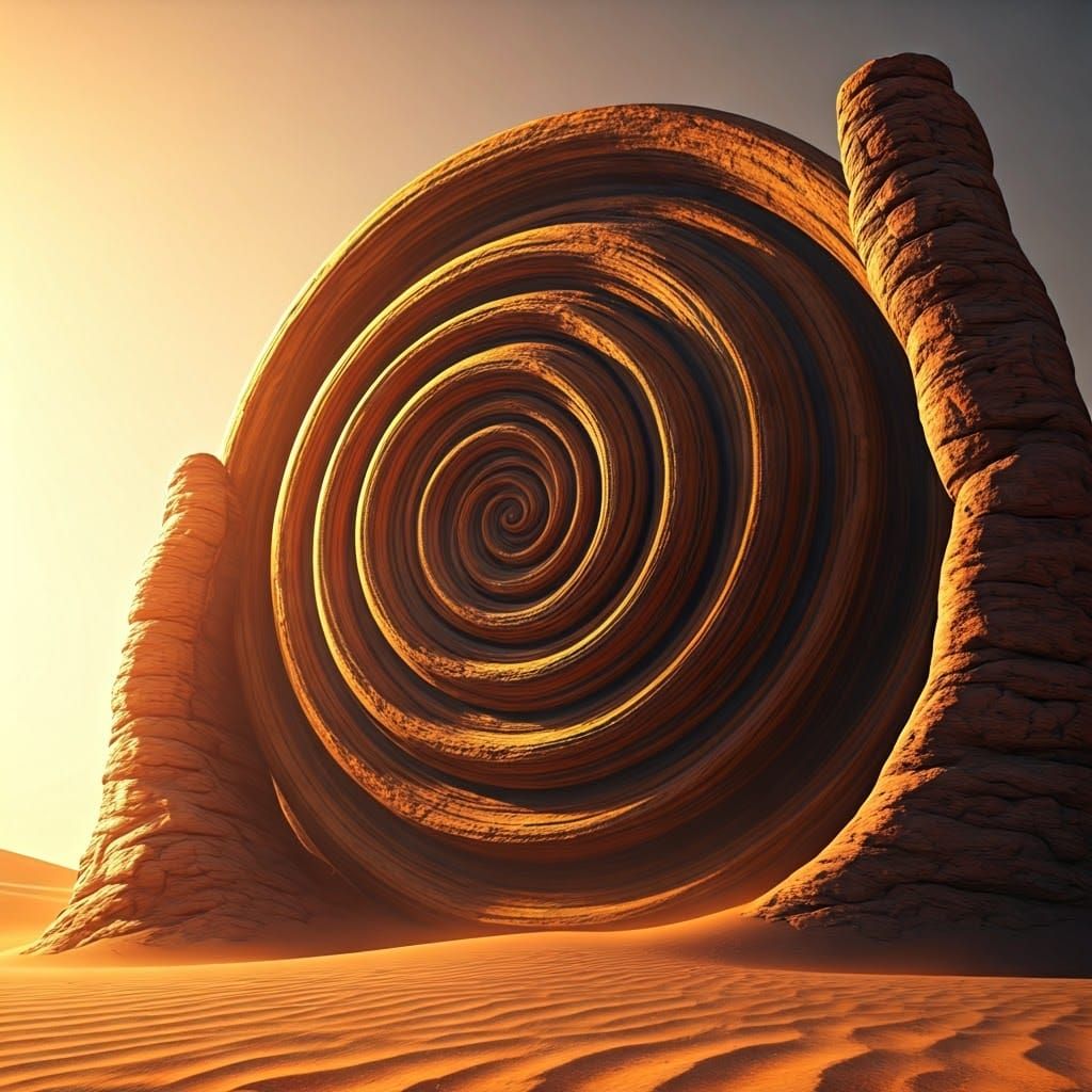 on a huge stone hand in a hot desert. A spiral of spirals that keeps spinning smaller and smaller