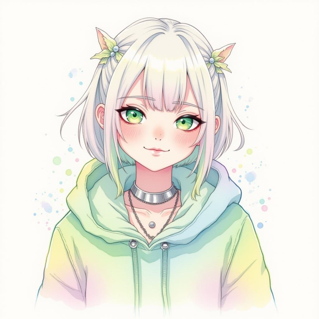 [A delicate watercolor portrait of Billie Eilish with platinum blonde hair and neon green roots, intense sea-green eyes framed by subtle eye...