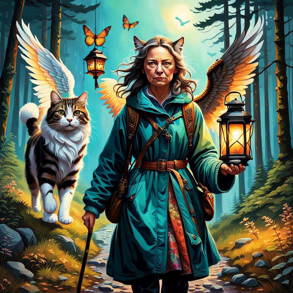 Woman with wings carries a walking stick and lantern Norwegi...