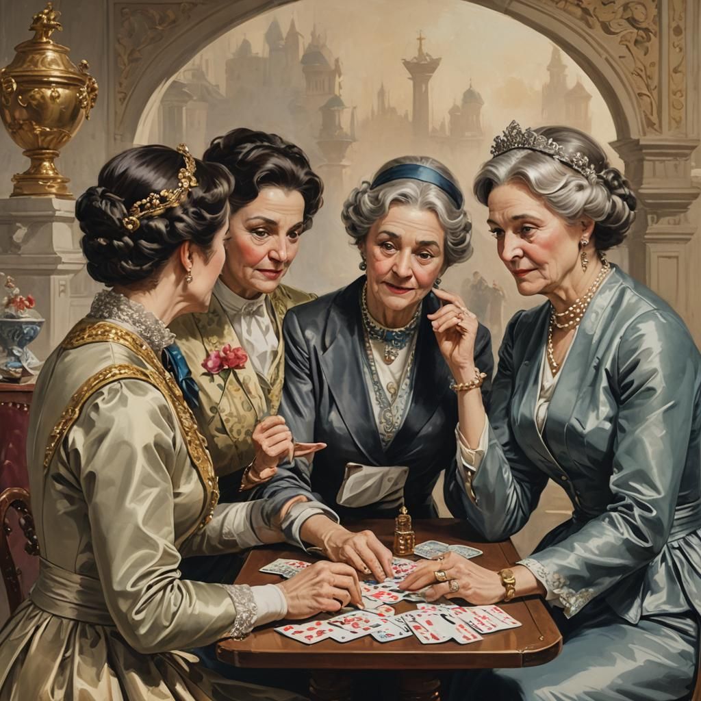 Wealthy middle aged patrician women playing bridge, exchangi...