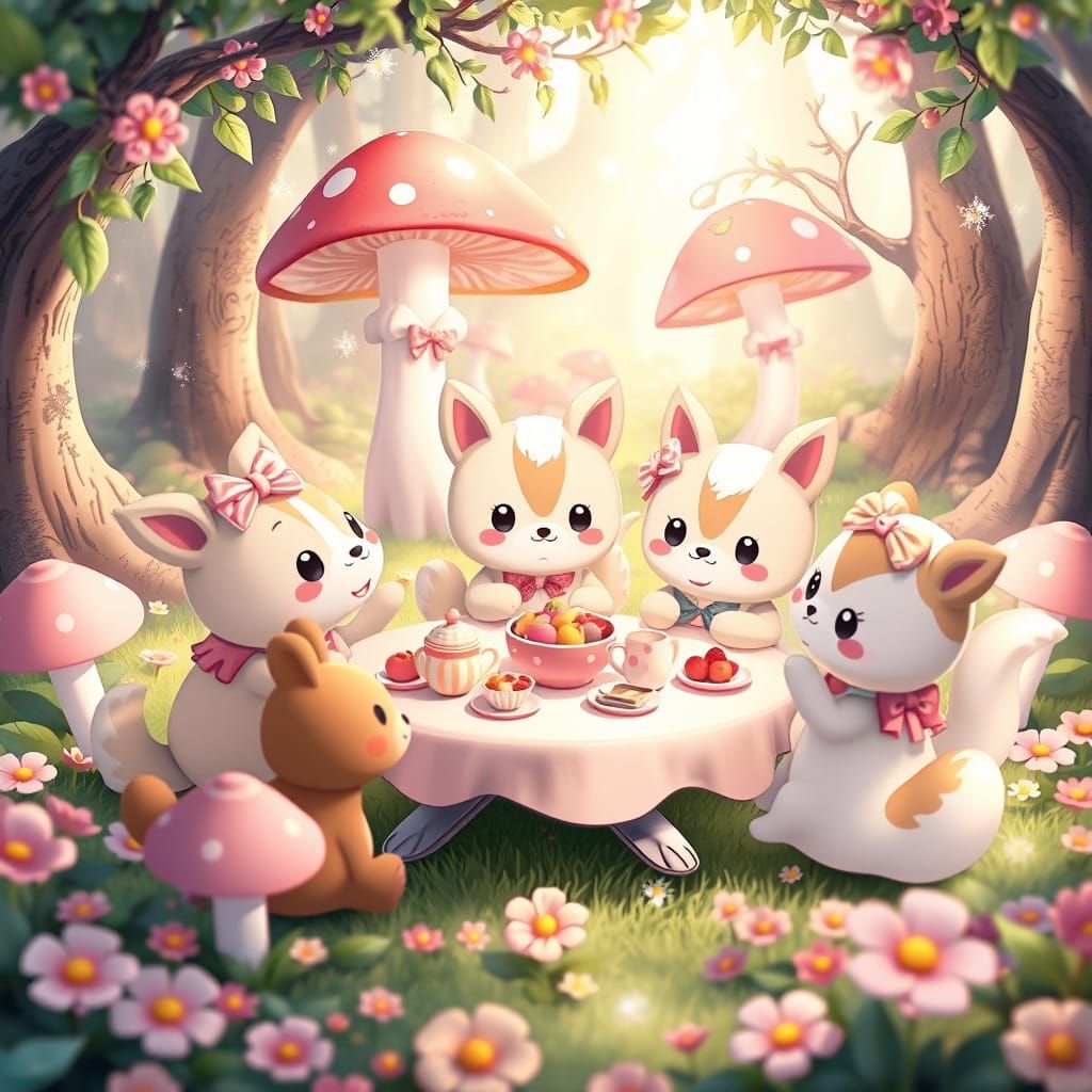 Kawaii art. A group of adorable cartoon animals dressed in pastel outfits are having a tea party in a ...  by @Queen274