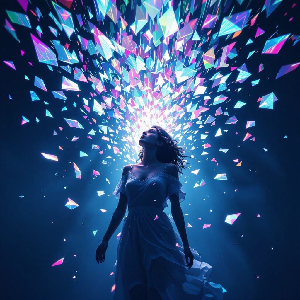 "Floating shards of iridescent energy, drifting in silent darkness, dreamlike and mysterious atmosphere"