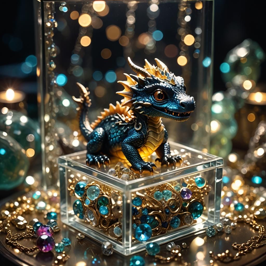 A cute miniature baby dragon sitting in a glass jewelry box ...