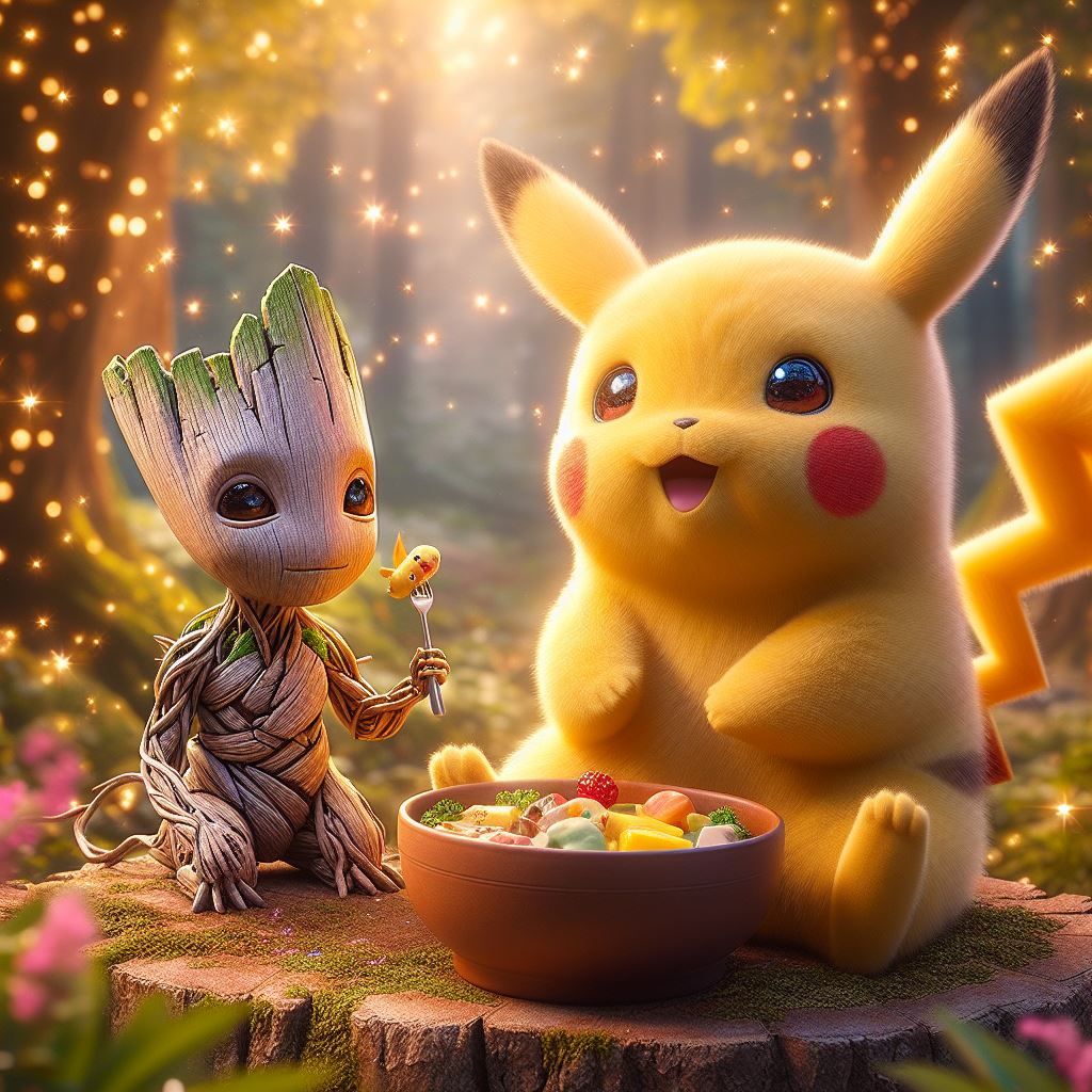 Pikachu enjoying his meal with baby Groot inside a sparkling forest
