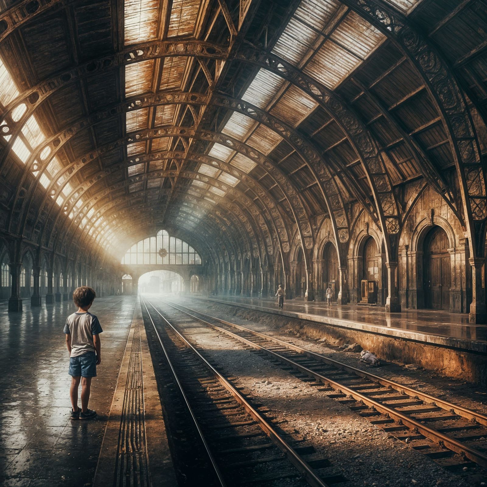 Mostly Monochrome colour splatter image. A weathered, antique train station bathed in soft, diffused ...  by @Pixel84u