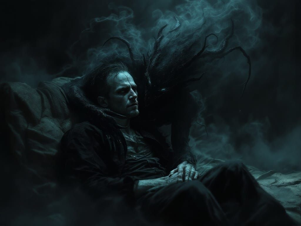 A man, in deep depression, has a ghostly demon with it's claws in his head....