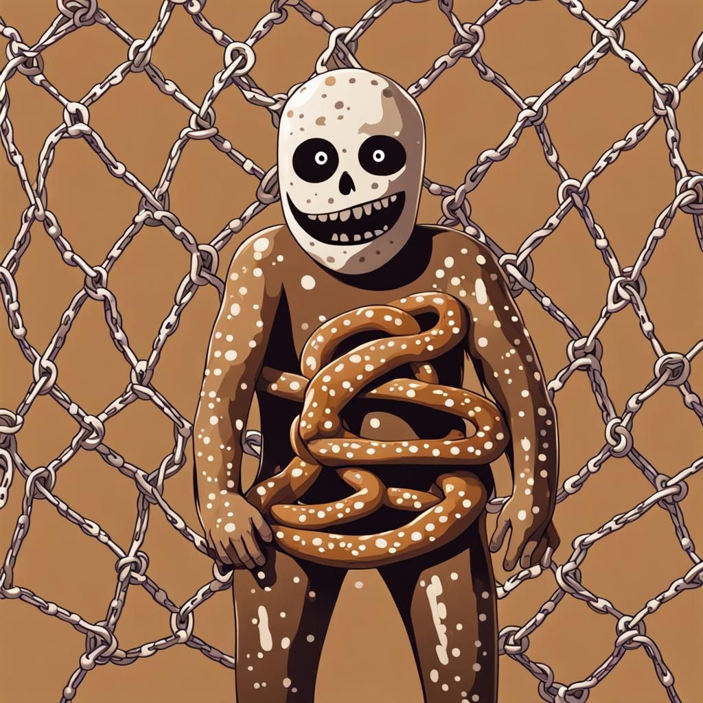 Massive scary tan person with white spots intangled in pretz...