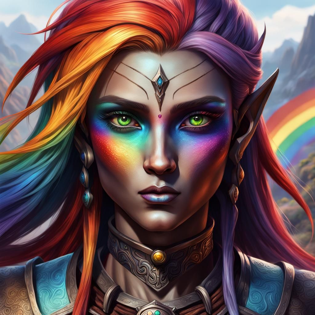 Detailed Dunmer female. Rainbow eyes. Rainbow hair.