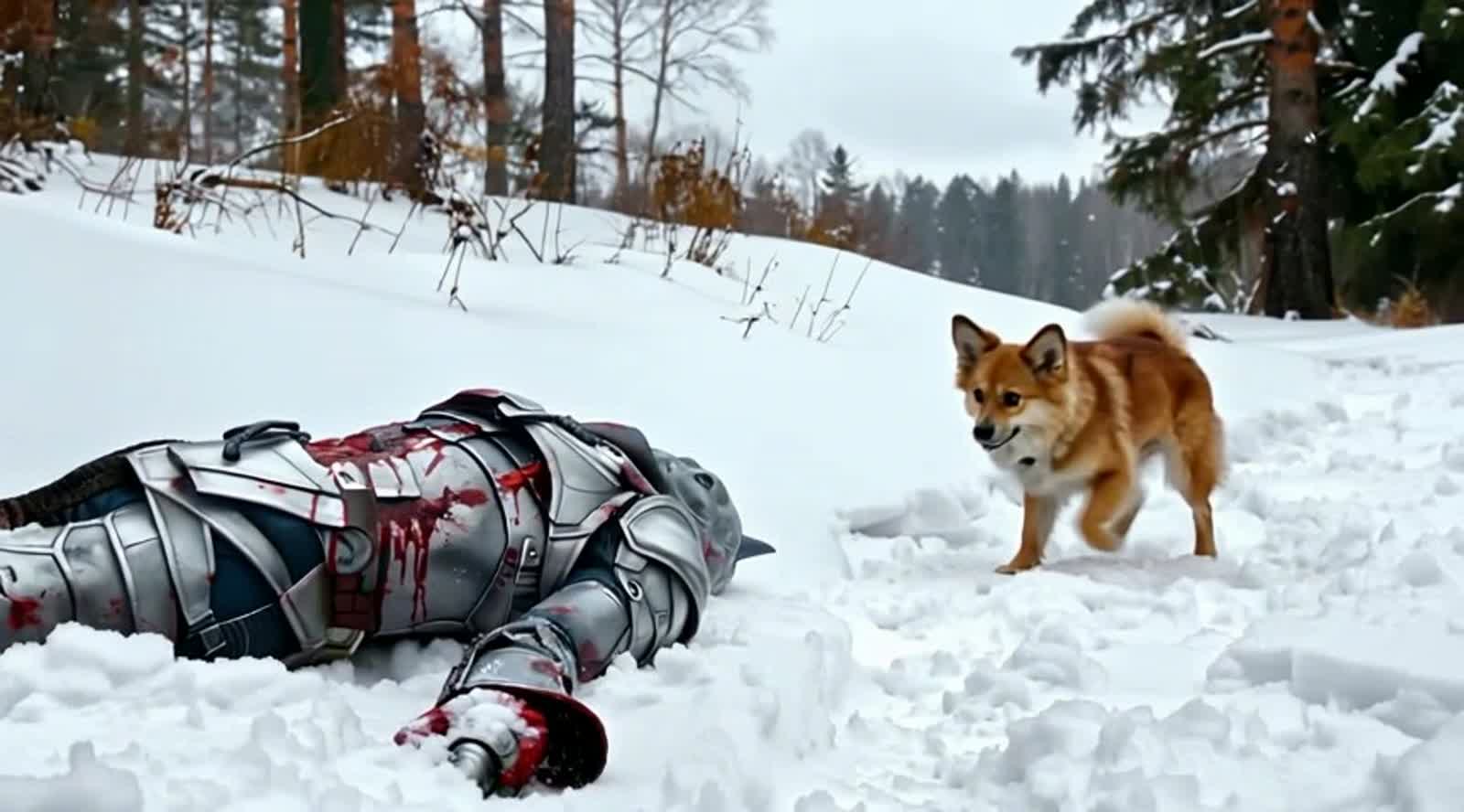 A puppy finds an injured alien lying in the snow and rescues him
