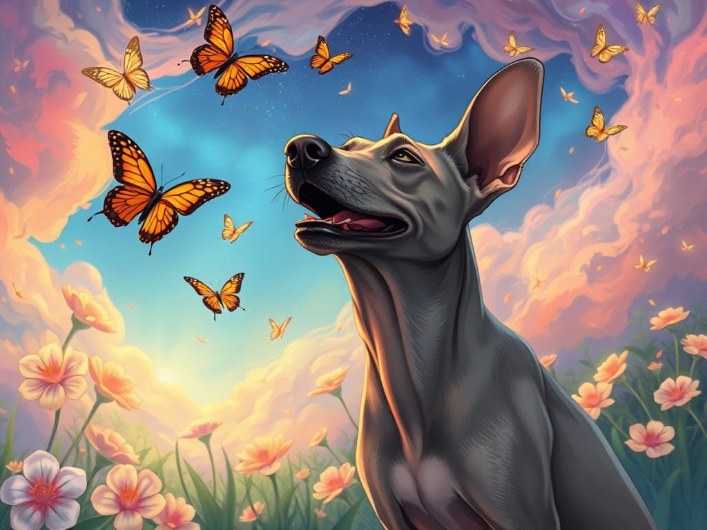 Joyful Dog Chasing Butterflies in Anime Paradise
