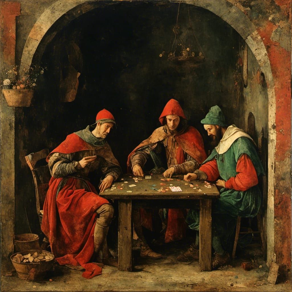 two men playing poker <lora:Medieval Paintings:1.0>