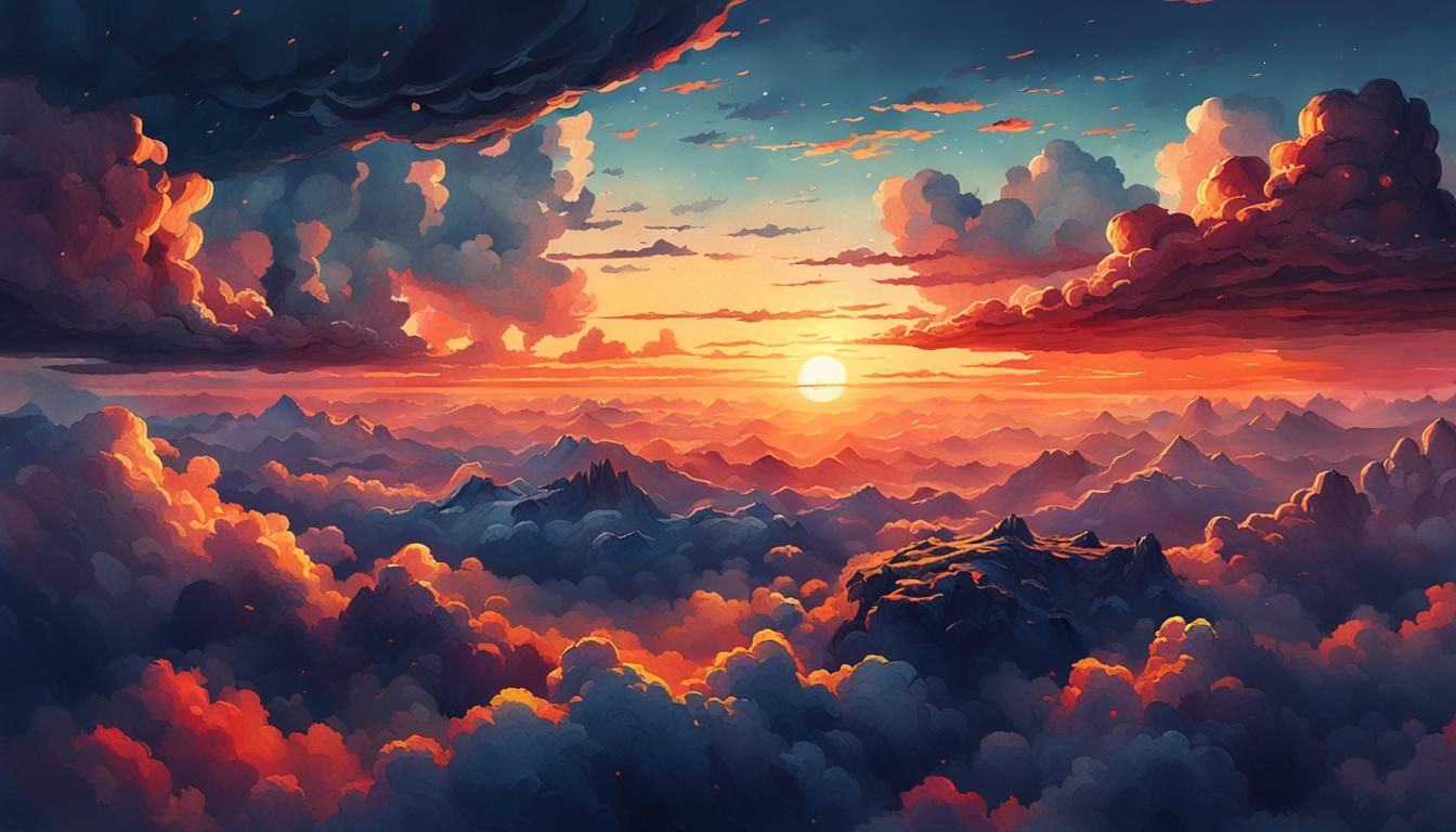 Sunset Above Clouds: Watercolor Matte Painting
