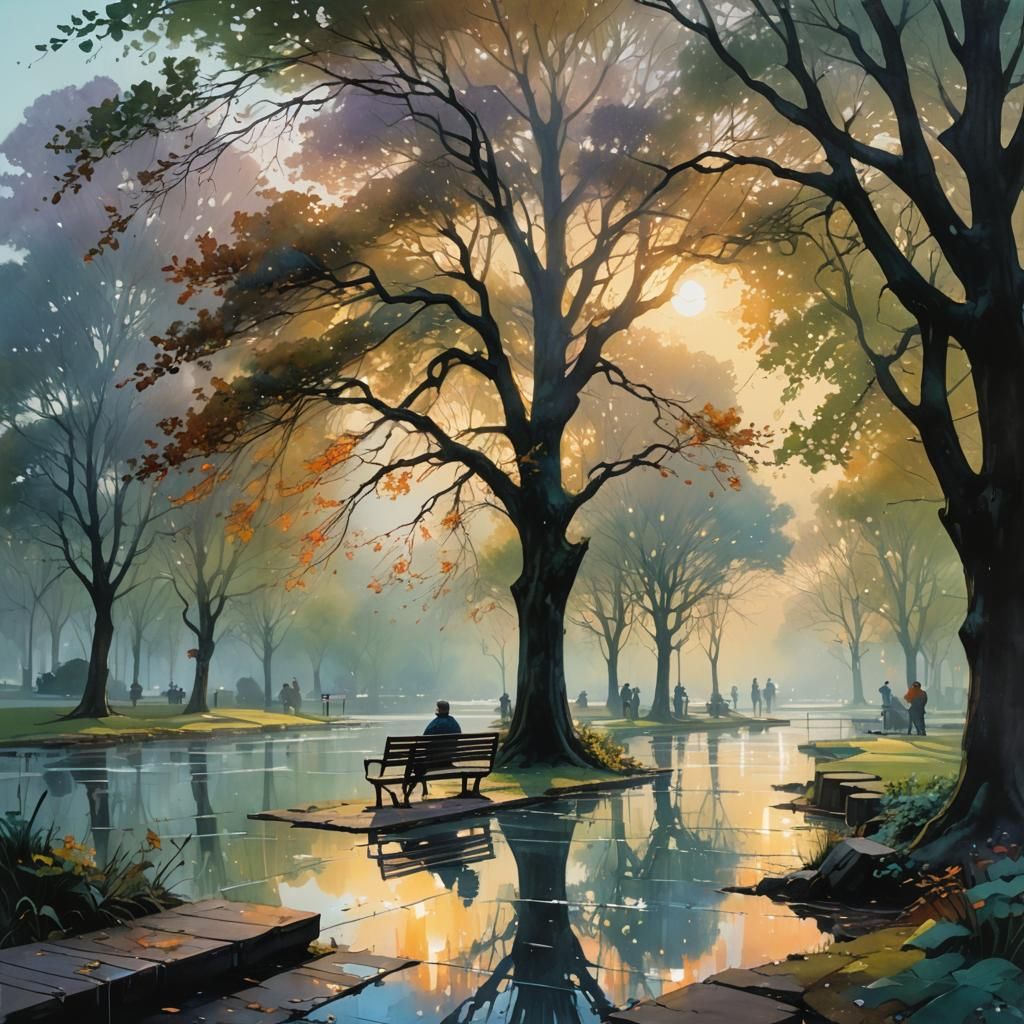 Happy Painting of a foggy morning. A light wind gently moves the branches in the park. The day is rising. ...  by @undefined