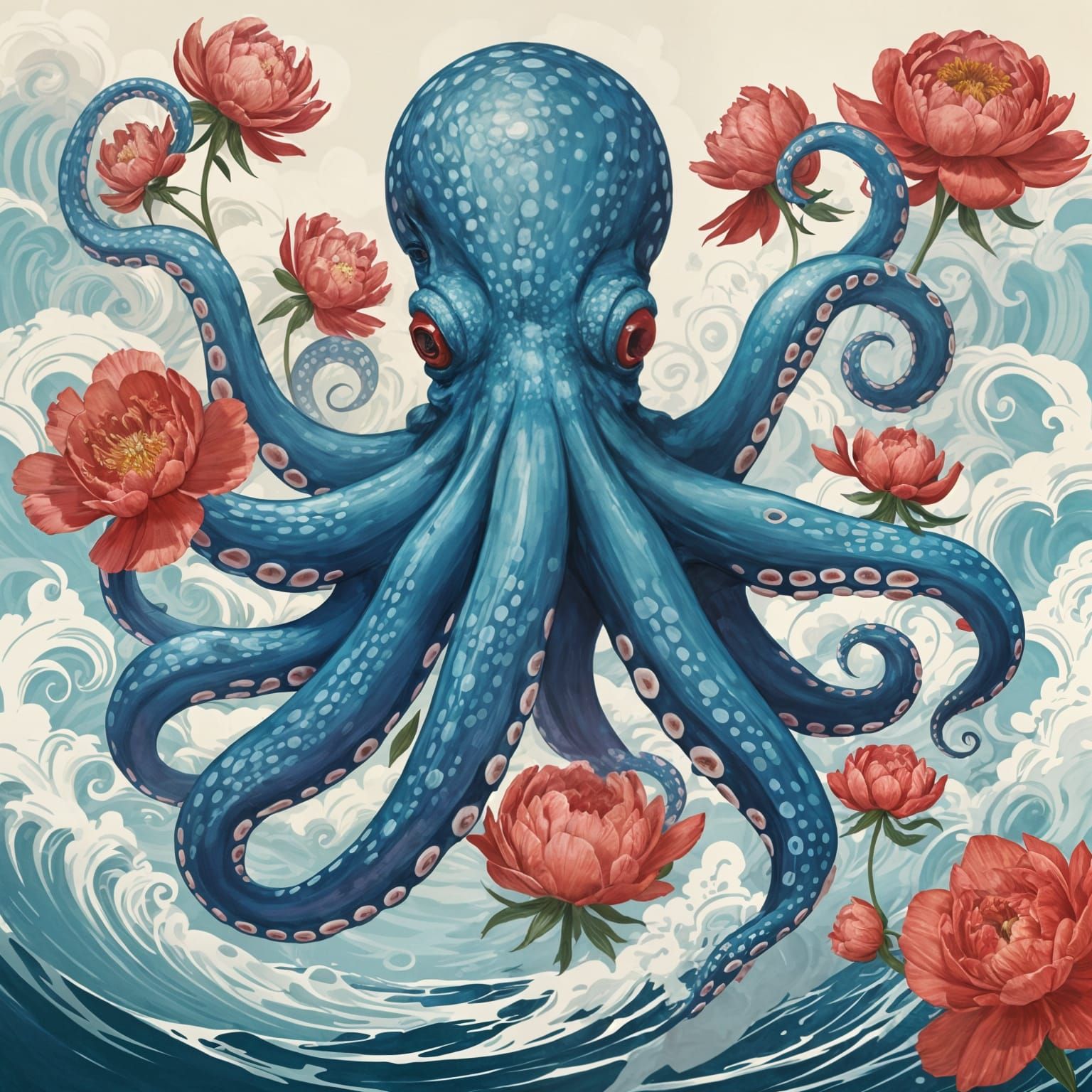 Detailed Octopus Illustration with Peonies and Clouds