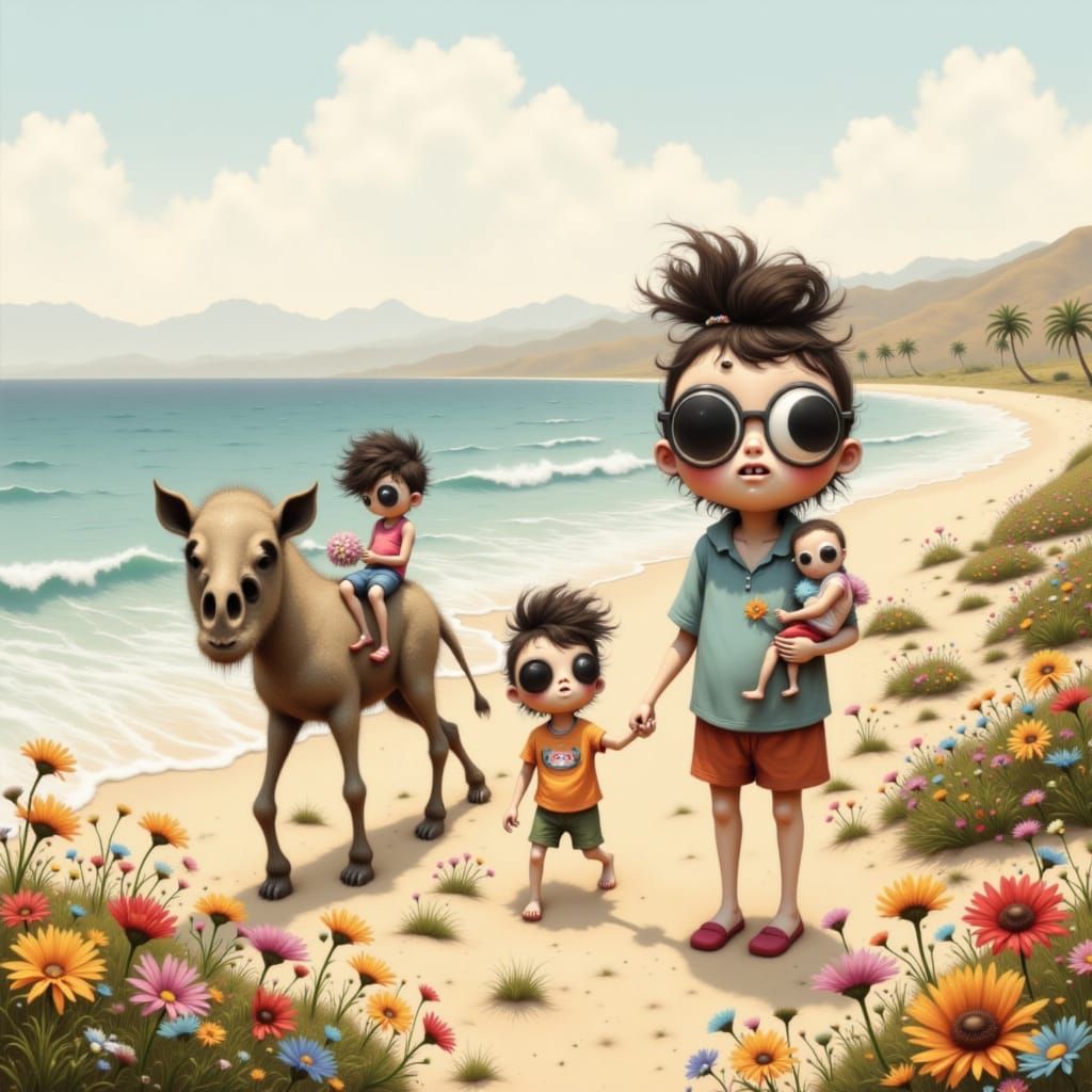 A family of out for a walk on the beach