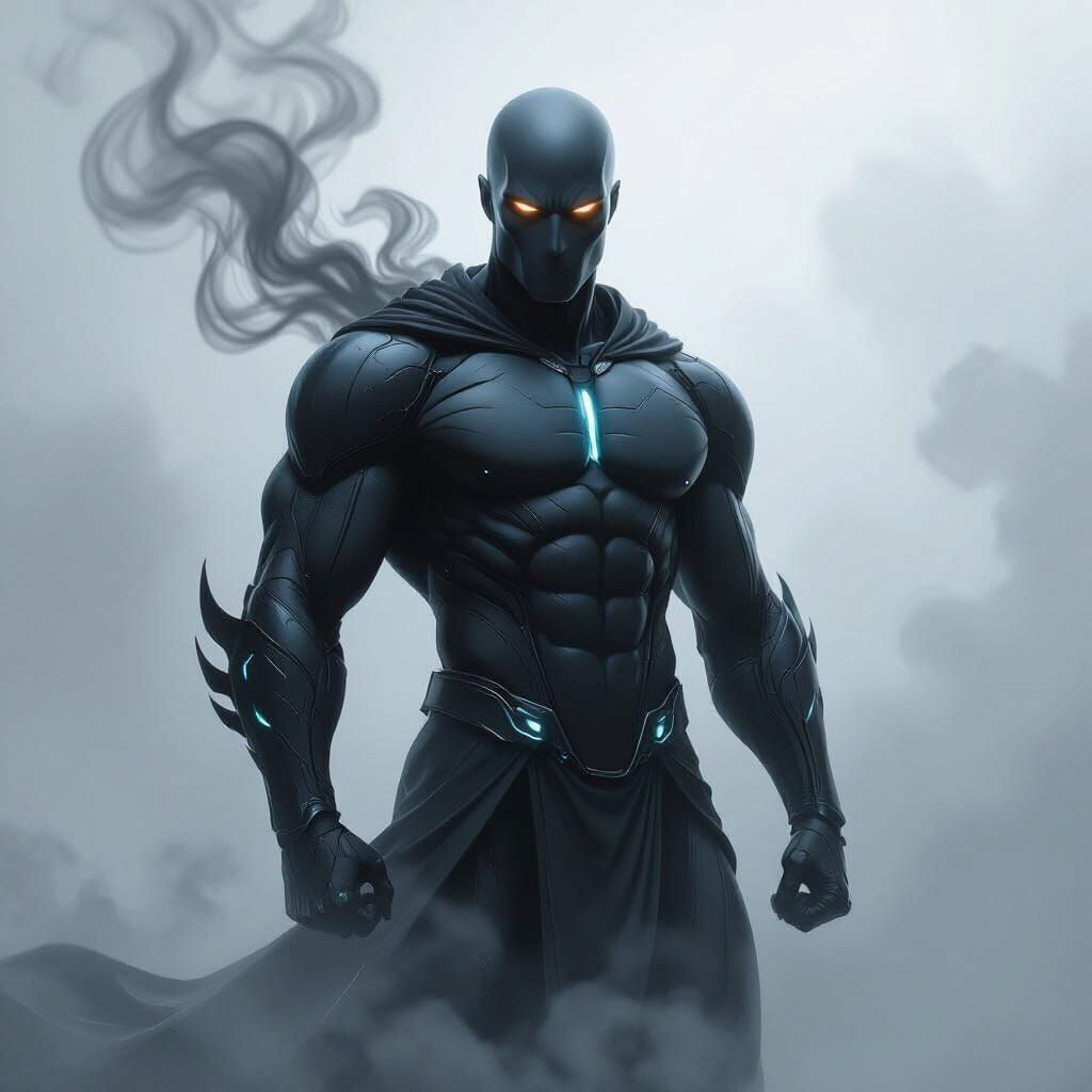 A heroic character named Smoke, designed as a comic book protagonist. His body is formed of swirling dark smoke and mist, revealing strong m...