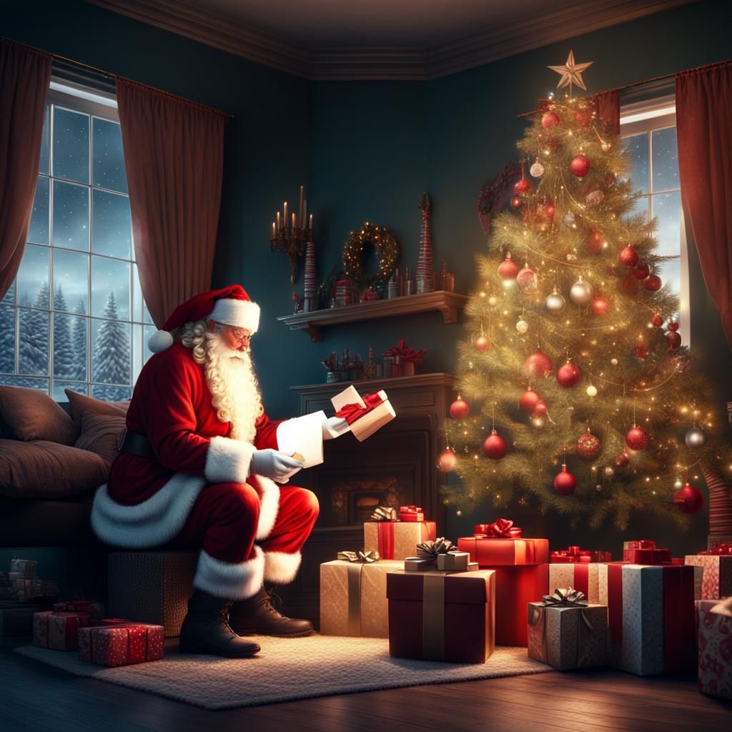 Santa Claus putting presents under a Christmas Tree