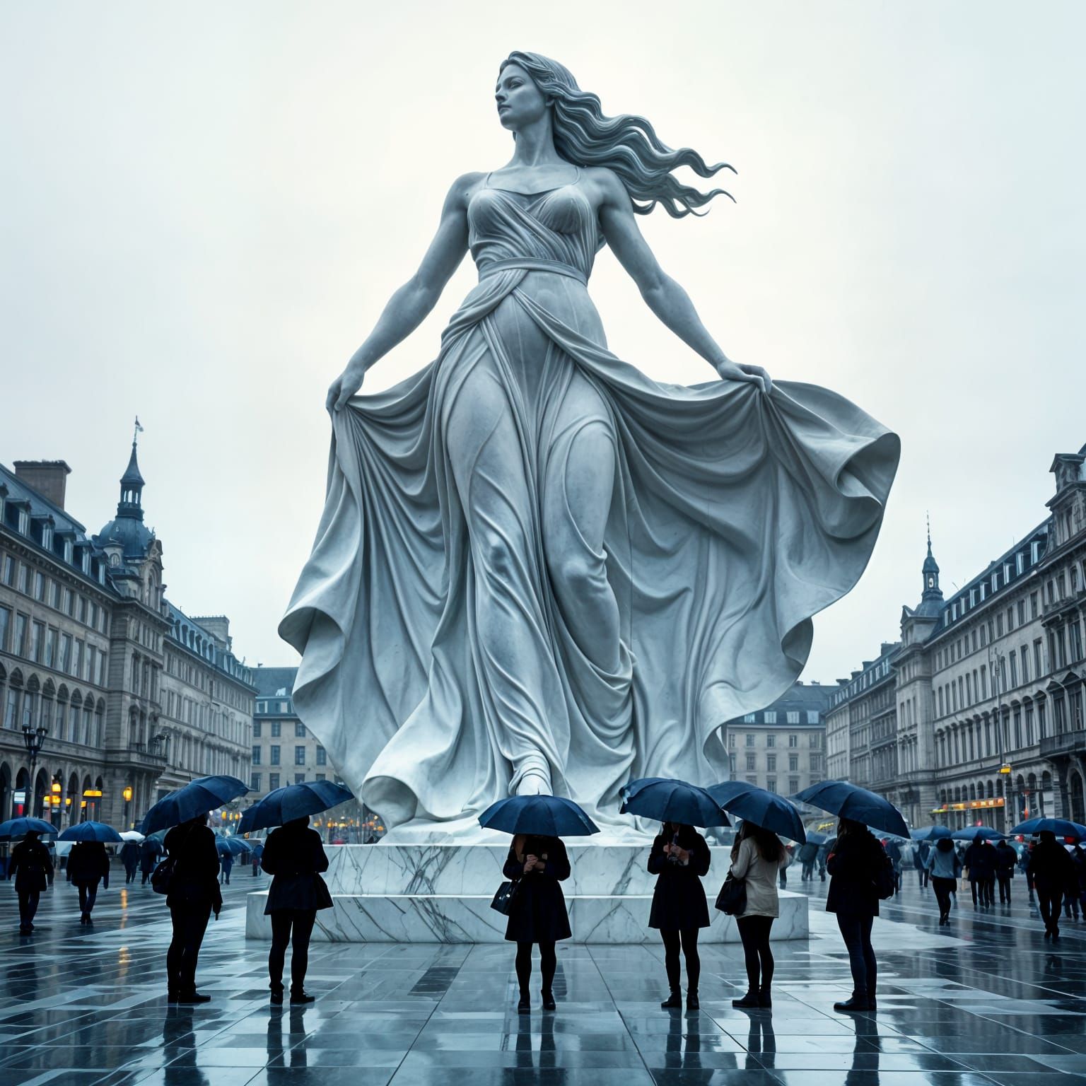 Photograph took on a rainy day of a freestanding colossal statue of a woman wearing a long flowing skirt  by @Fokje
