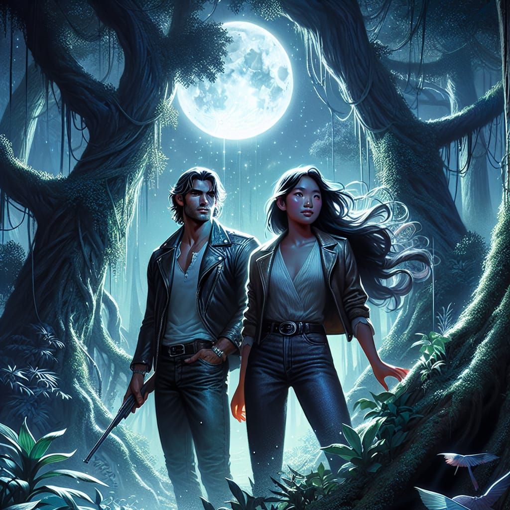 A dense, enchanted forest serves as the backdrop, featuring towering ancient trees, their leaves forming a lush canopy. A large, luminous fu...