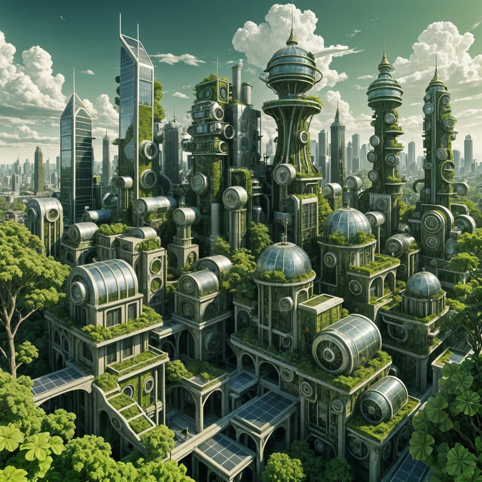 A skyline of a futuristic city of skyscrapers draped in green foliage, each rooftop has a steampunk group ...  by @Tangodream