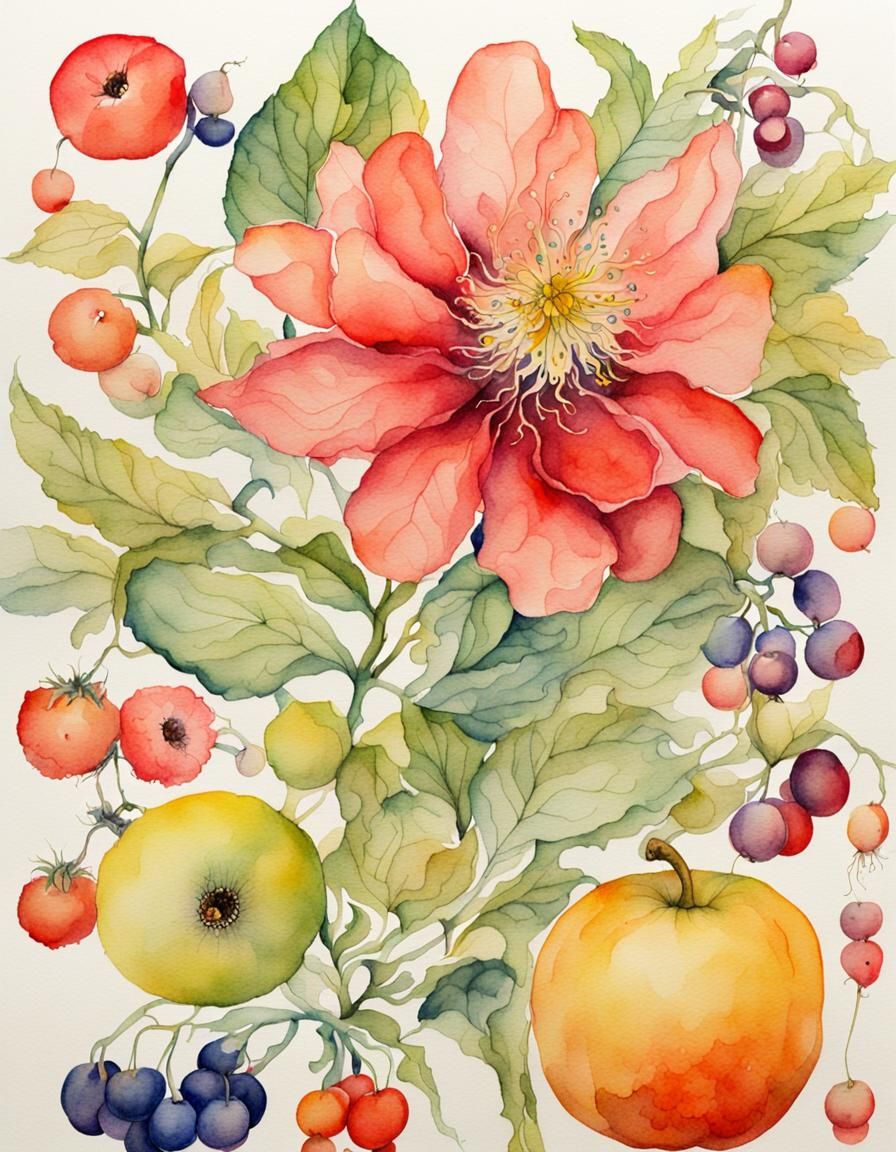 botanical illustration of fantasy flower and fruit watercolo...